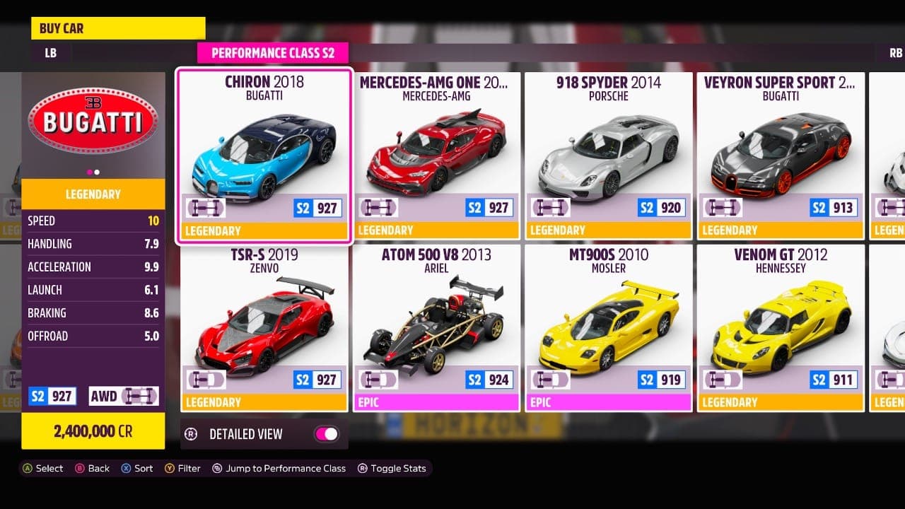 An image of the bugatti chiron in the forza horizon 5 store