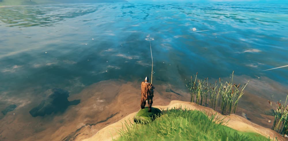 valheim viking fishing in a crystal blue pond