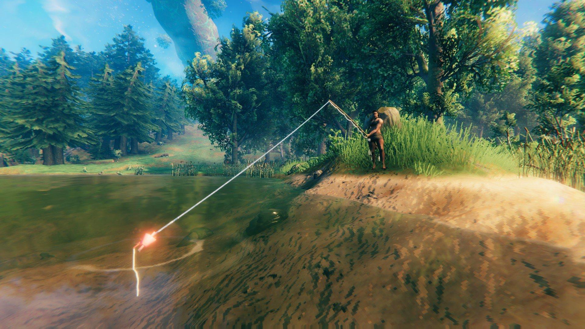 Valhiem player fishes with a long rod in water