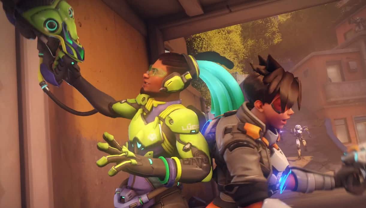 Overwatch latino man with green hair and a green outfit stands back to back with a small woman in pilot gear