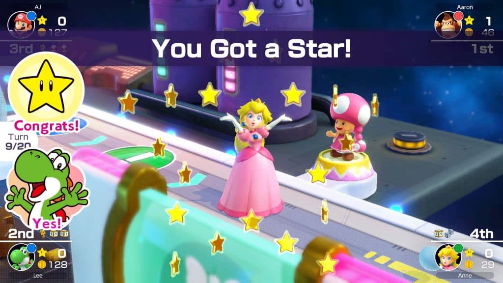 Mario Party Superstars screenshot showing Princess Peach winning a star