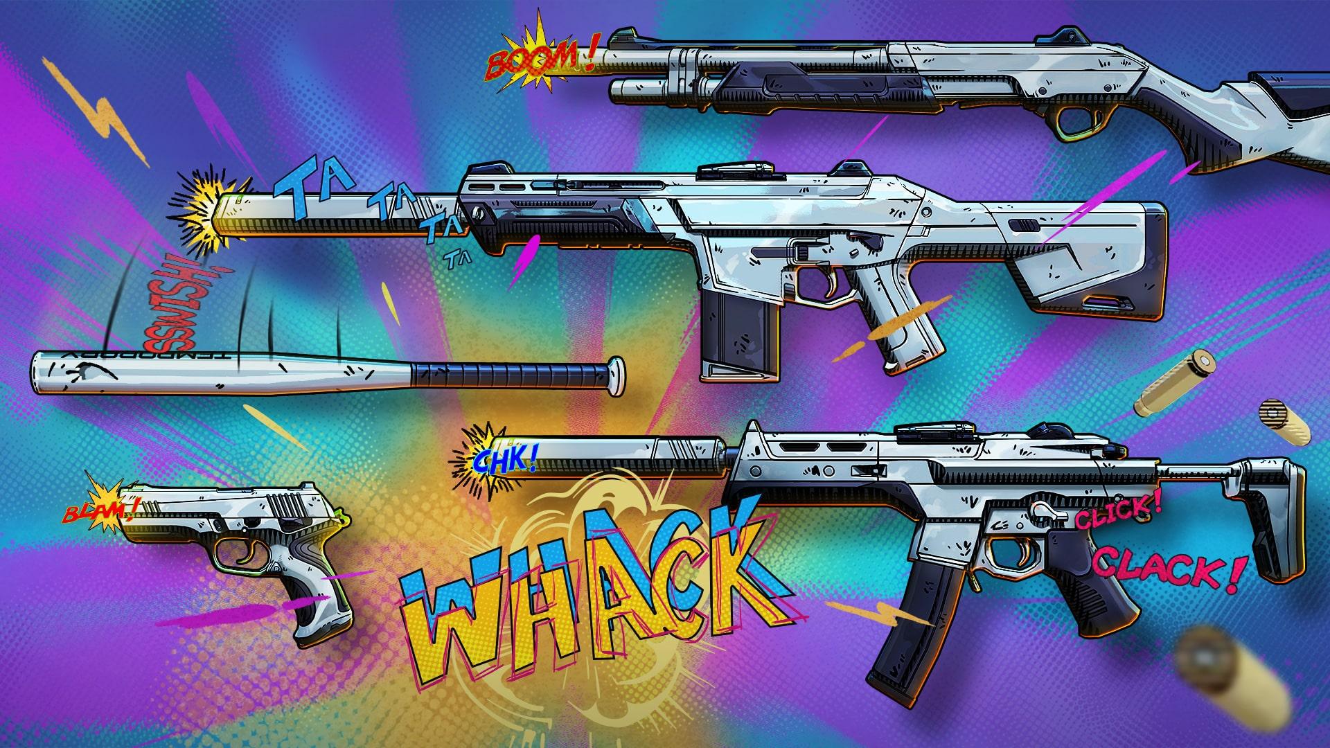 Valorant comic book style guns on a comic background