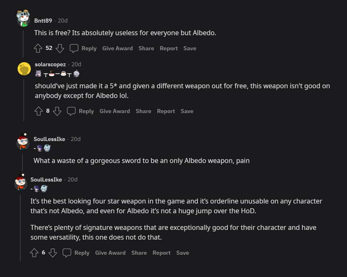 Genshin Impact players vent frustration over free 4-star weapon on reddit