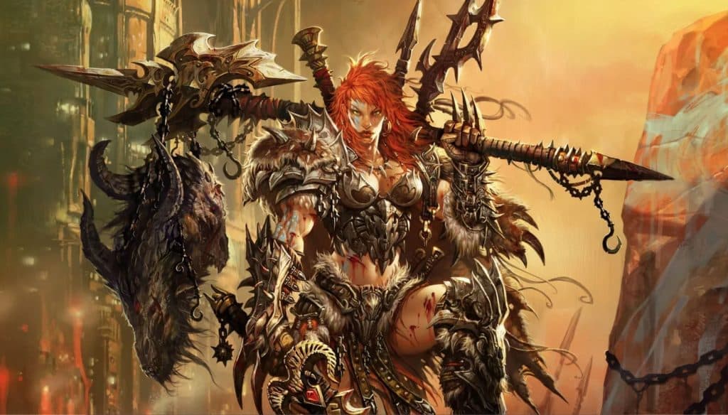Diablo 3 female warrior with red hair glares into the camera with a large ax