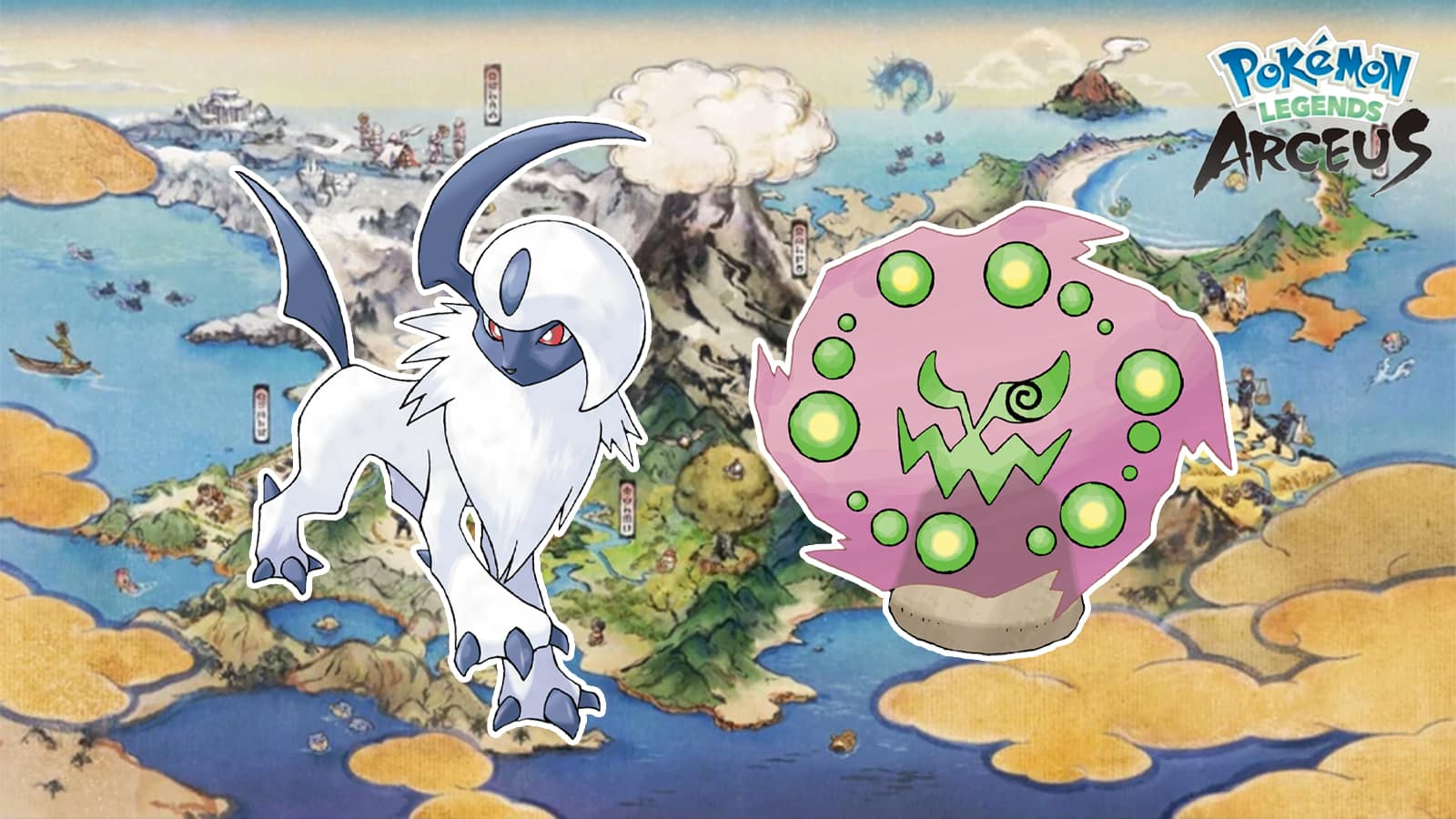 Absol and Spiritomb on the Pokemon Legends Arceus map