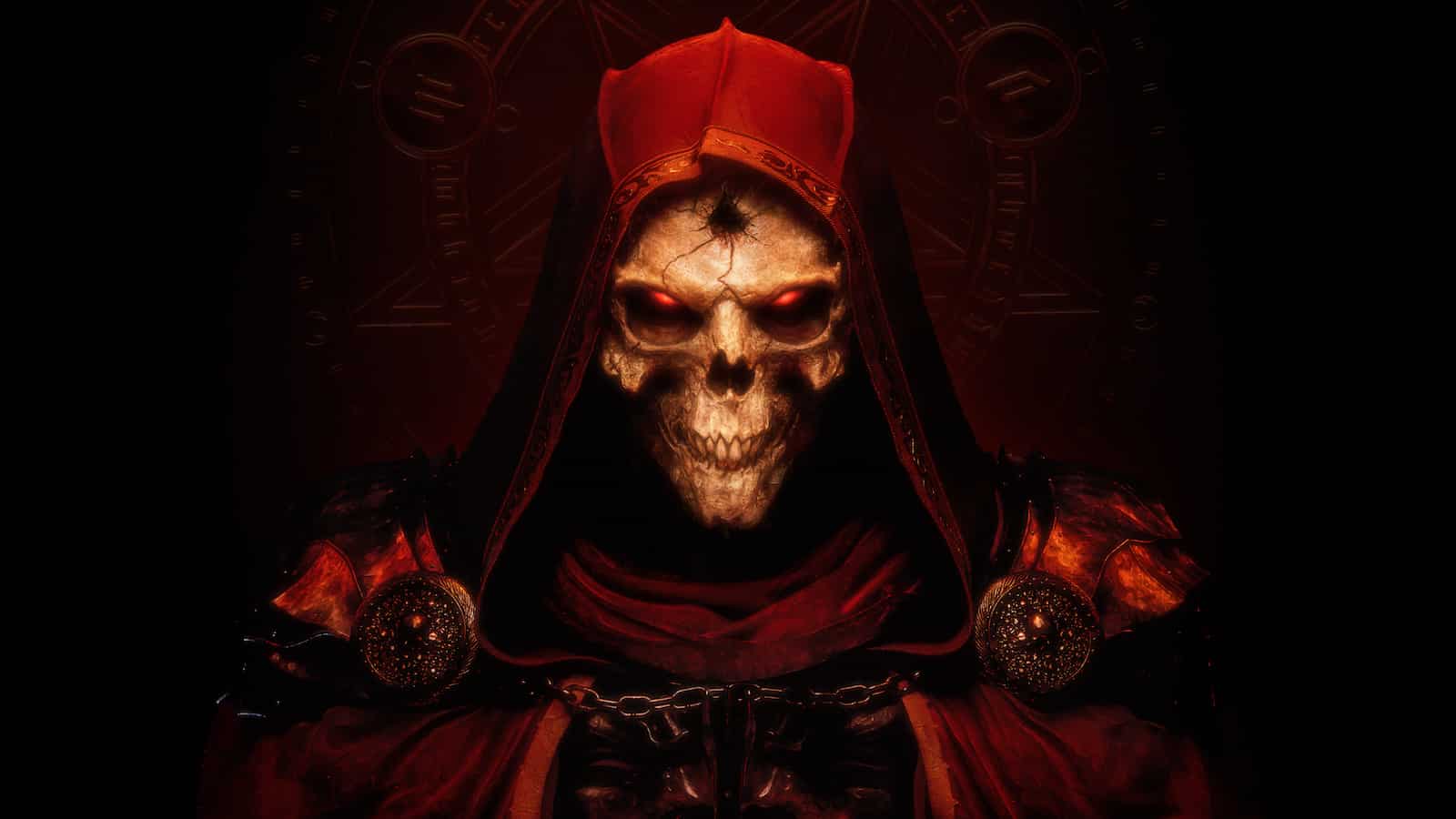 diablo 2 resurrected cover art with skeleton dark wanderer