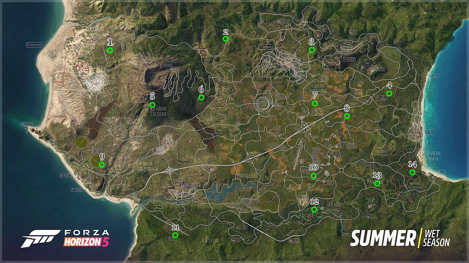 A map with green circles showing the Barn Finds locations in Forza Horizon 5