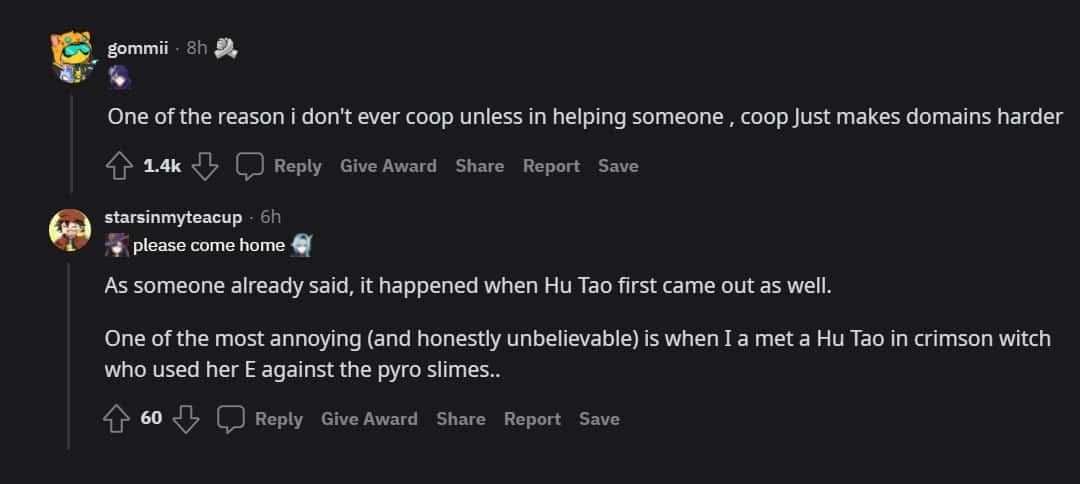 Genshin Impact fans discuss Hu Tao ruining Co Op on reddit