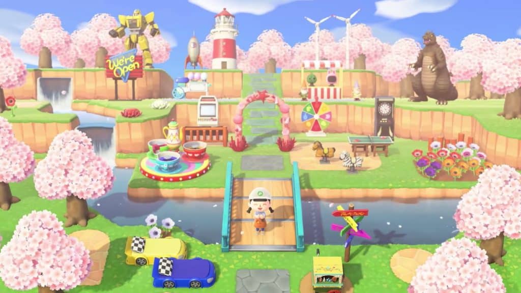 An image of a character standing in the middle of a colorful Island layout in Animal Crossing new horizons
