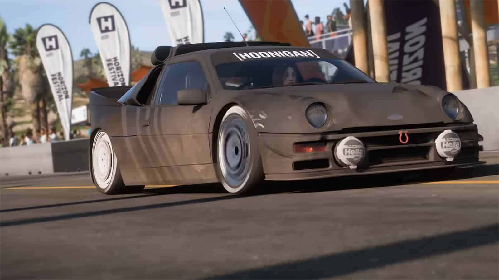 An image of the RS200 Hoonigan Ford Evolution in Forza Horizon 5, one of the best rally cars