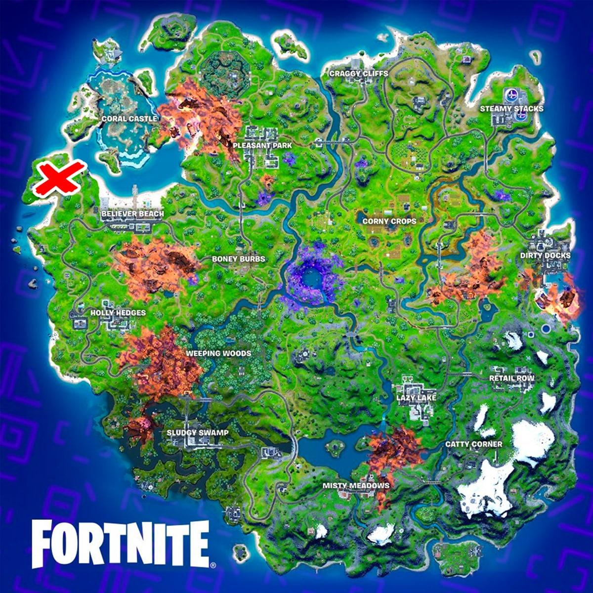 The location of Fort Crumpet marked with an X on the Fortnite map
