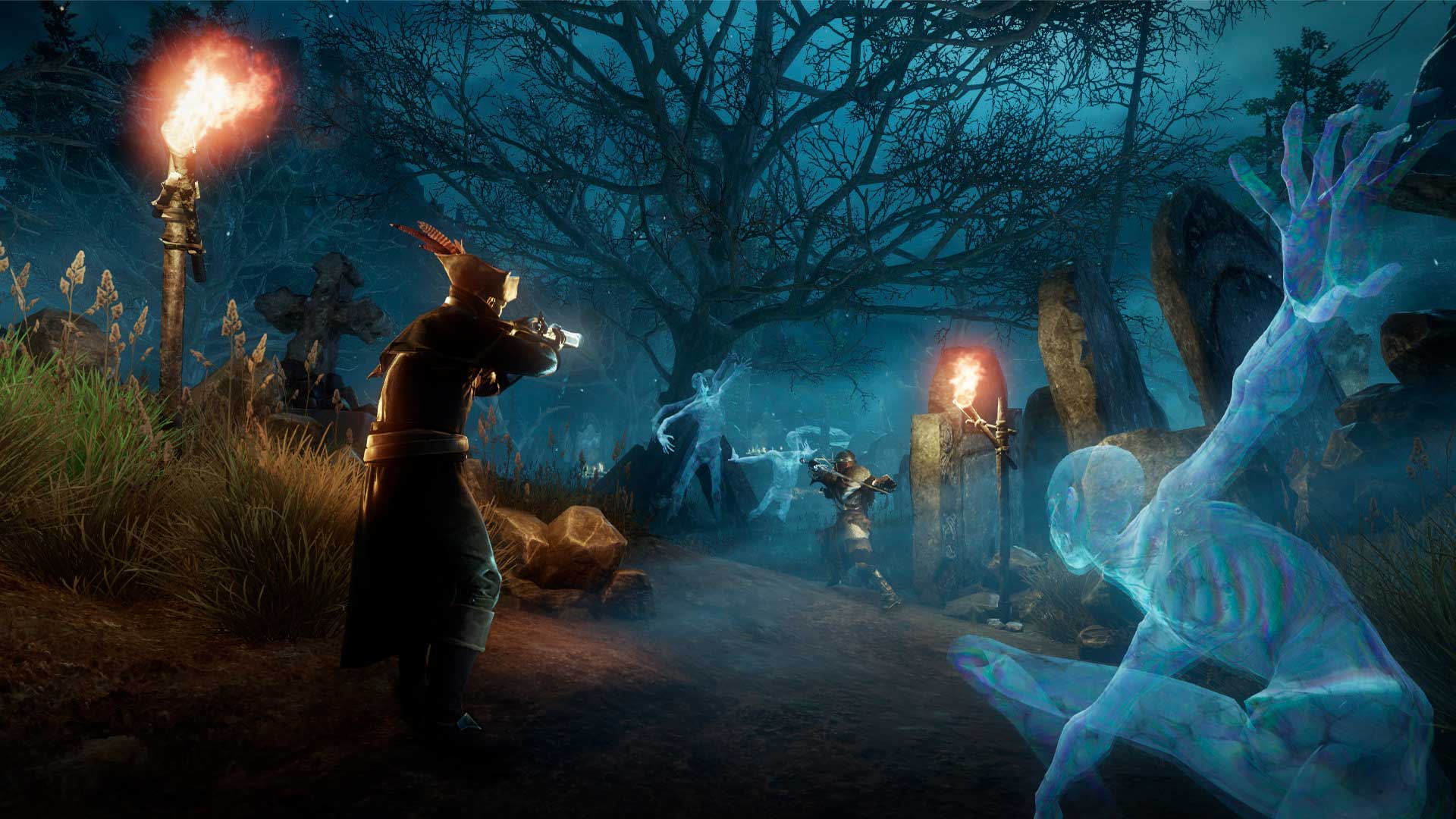 An image of New World players firing Muskets in a graveyard.