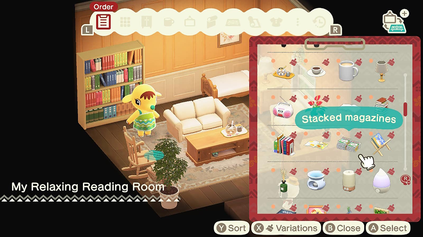A screenshot showing Eloise in her Reading Room, with the interior design UI in Happy Home Paradise
