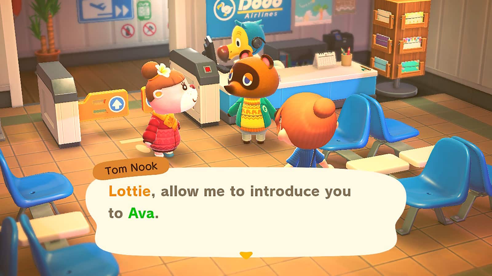 Lottie and Tom Nook in the player island airport to start the Happy Home Paradise DLC