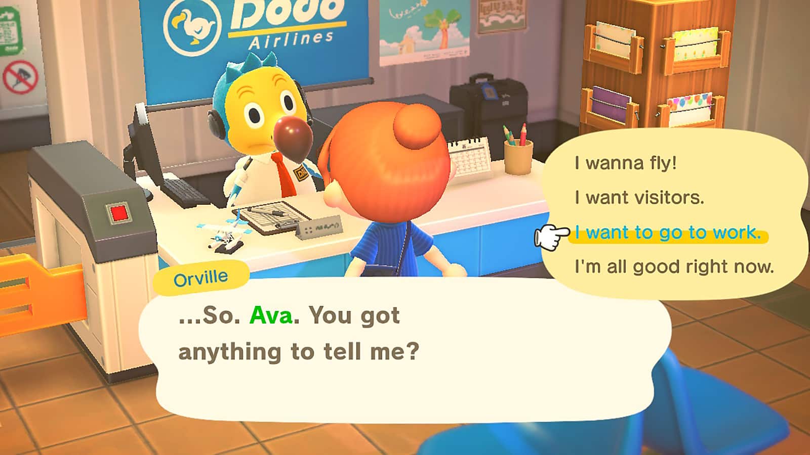 A player asking Orville to go to Happy Home Paradisein Dodo Airlines in Animal Crossing: New Horizons
