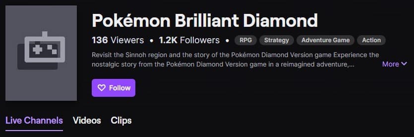 a screenshot of the pokemon brilliant diamond category on twitch