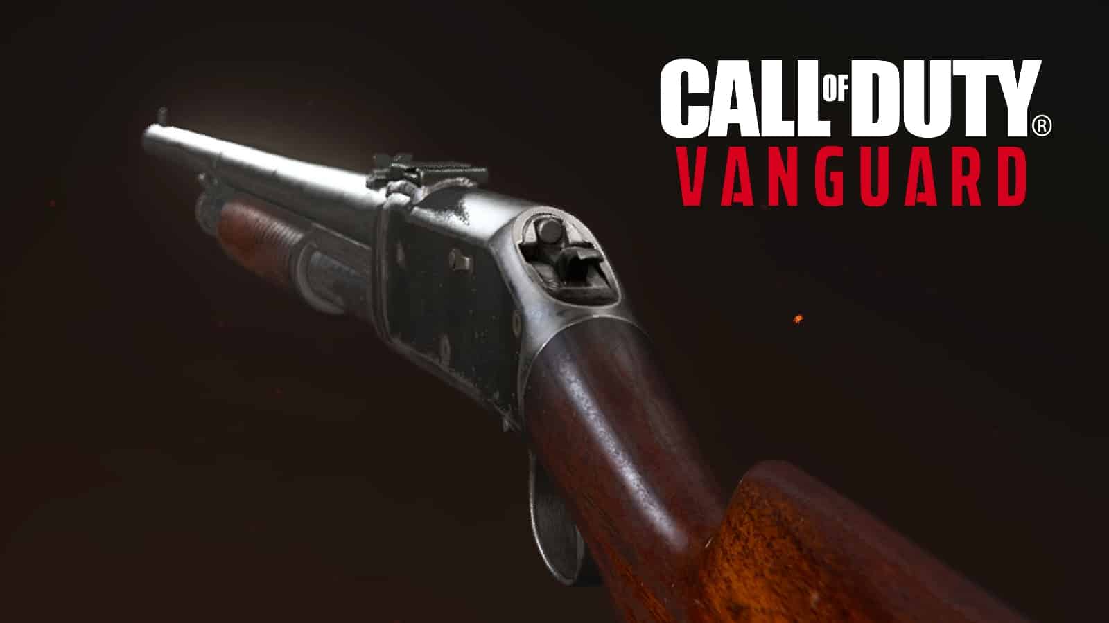 Combat Shotgun in Call of Duty Vanguard sitting on a blank backdrop with Vanguard logo overtop of it