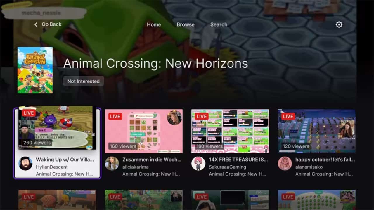 viewing animal crossing streams on twitch on switch