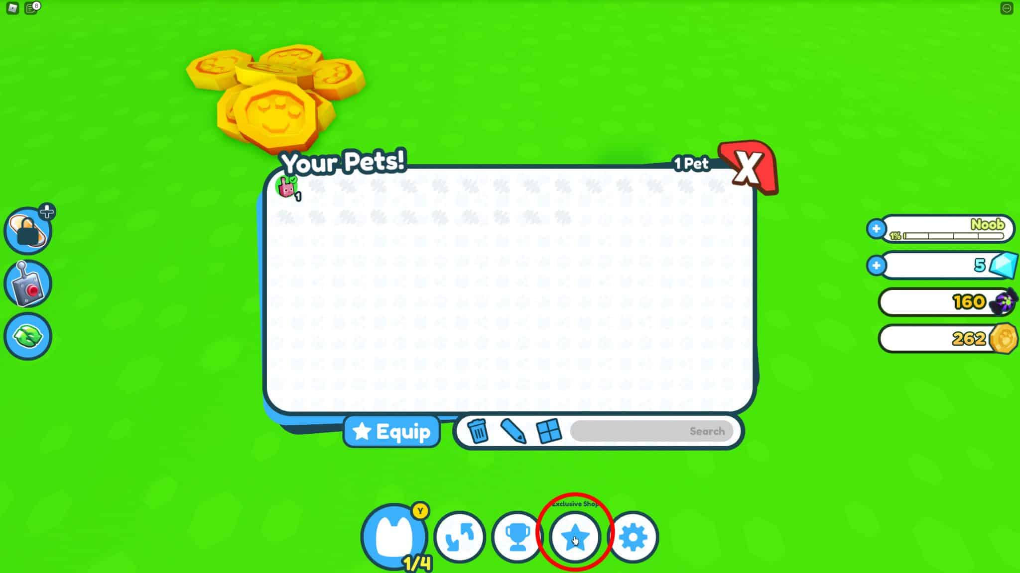 A screenshot showing the Pets menu to redeem codes in Pet Simulator X