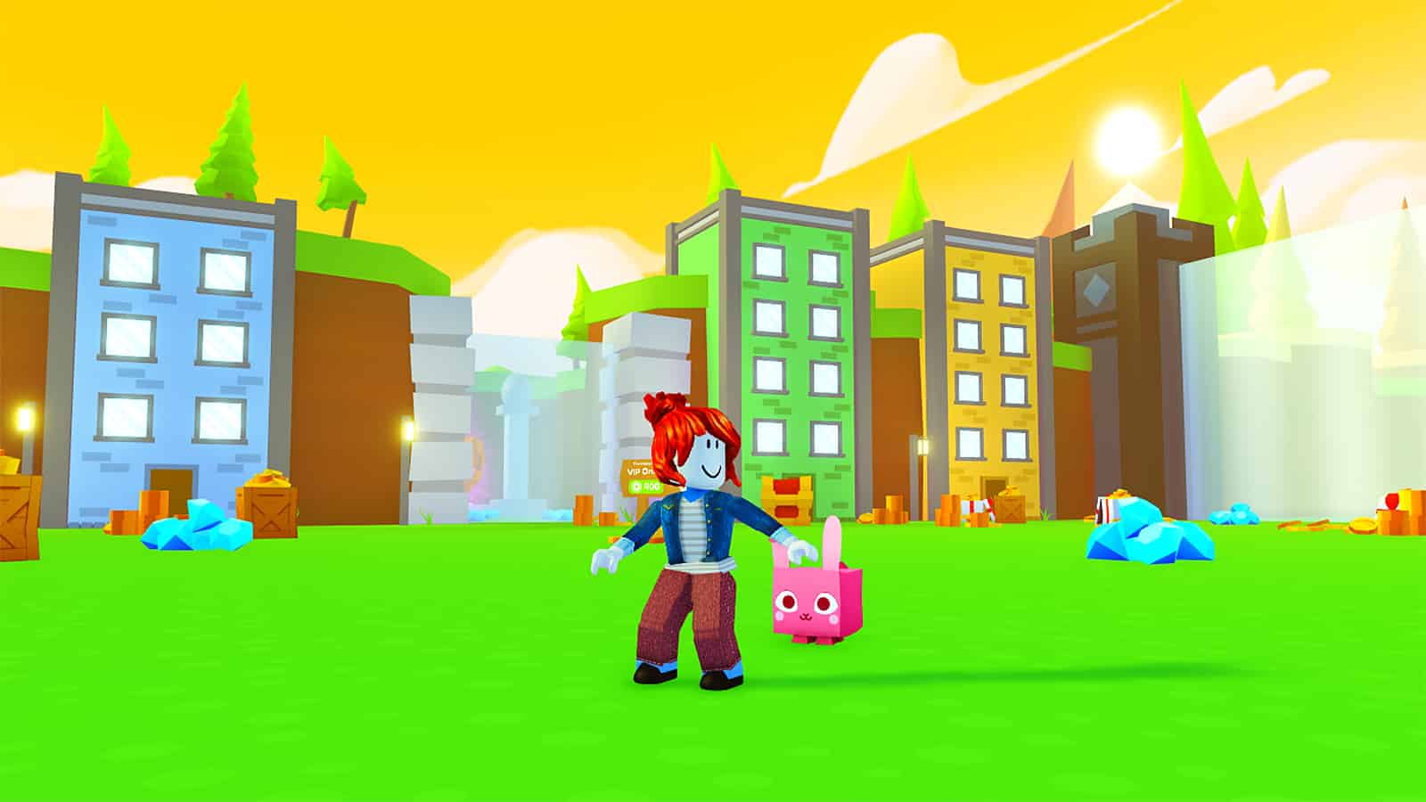 A screenshot of a player and a pet in Pet Simulator X in Roblox surrounded by diamonds and buildings