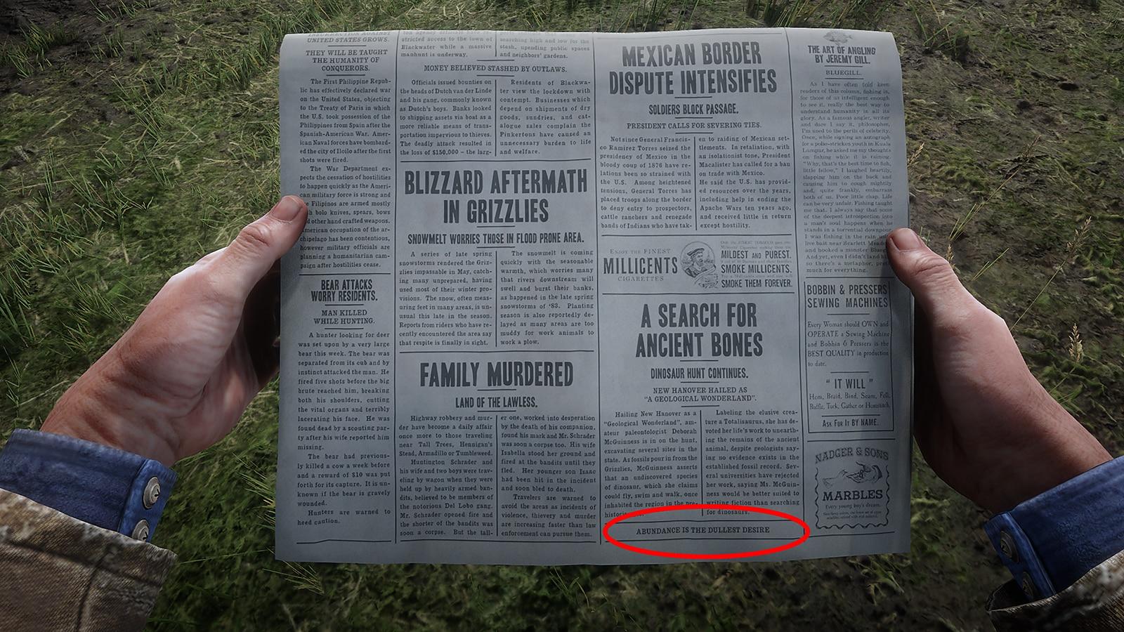 A screenshot showing a newspaper than can be purchased by Arthur in RDR2 , with a cheat outlined by a red oval