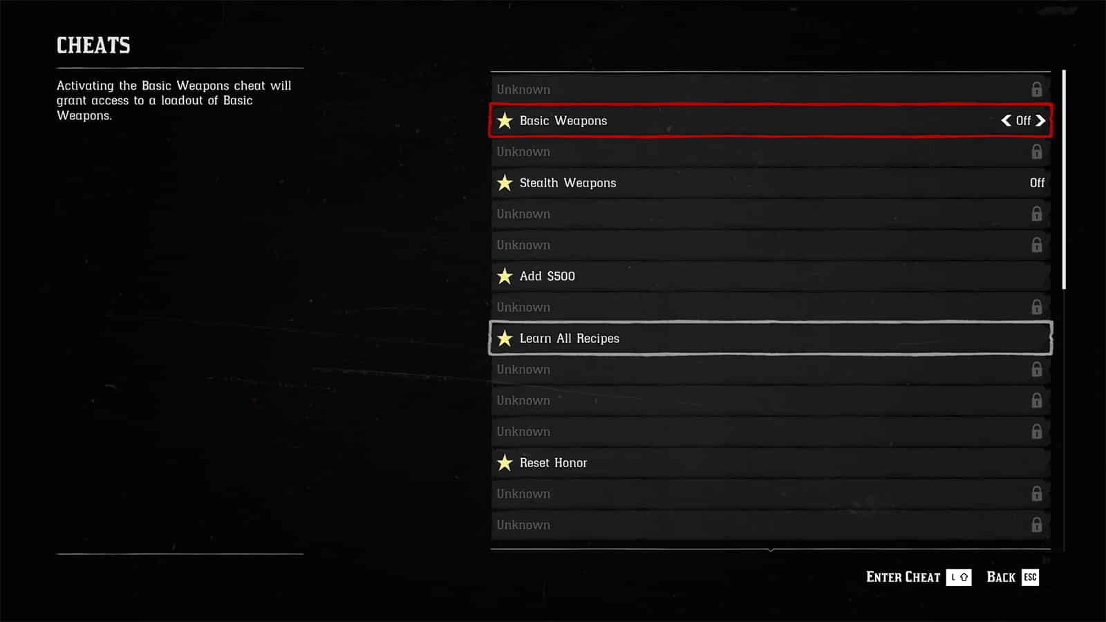 A screenshot showing the cheats interface in RDR2
