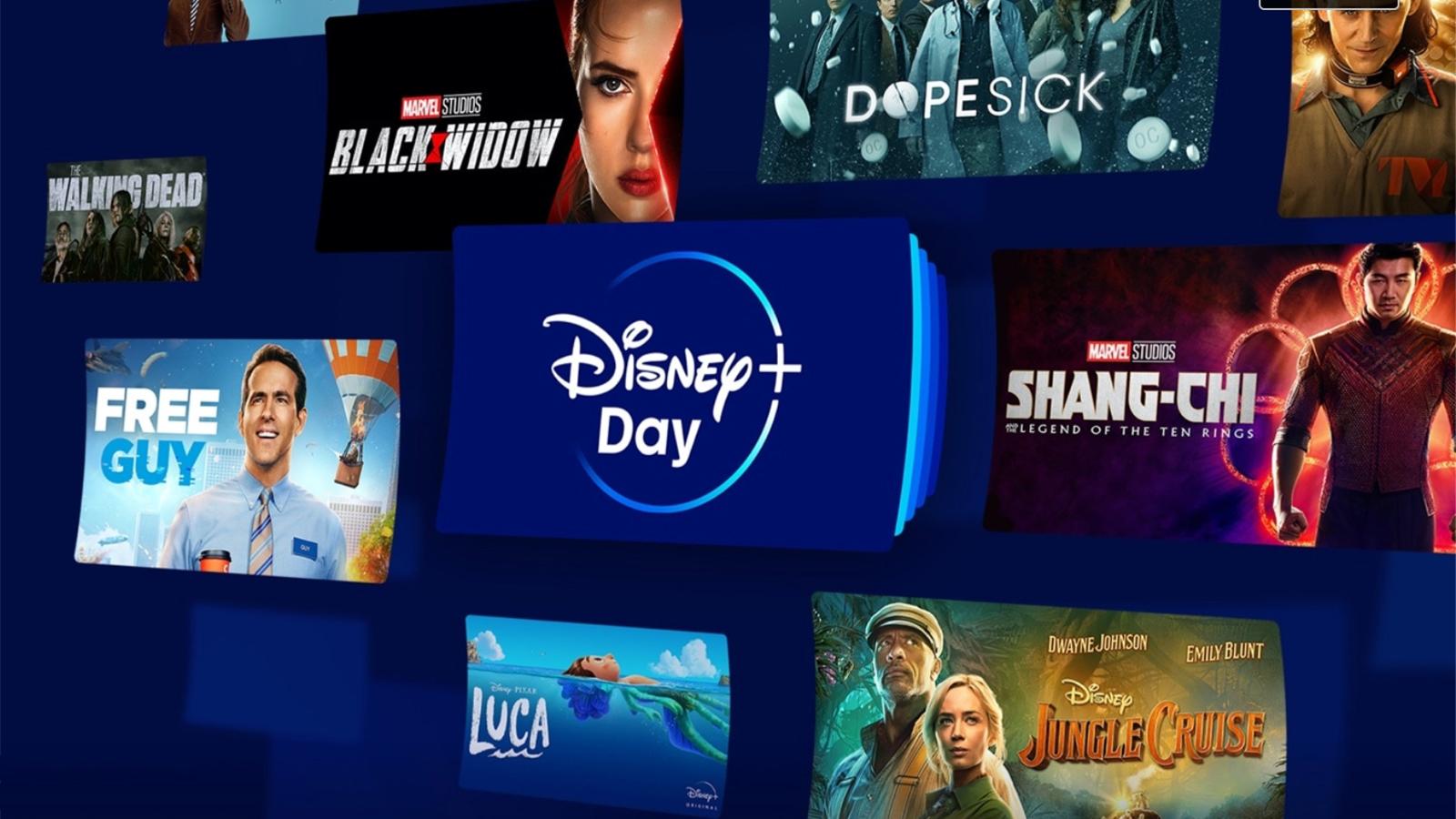 The Disney Plus logo surrounded by movie posters
