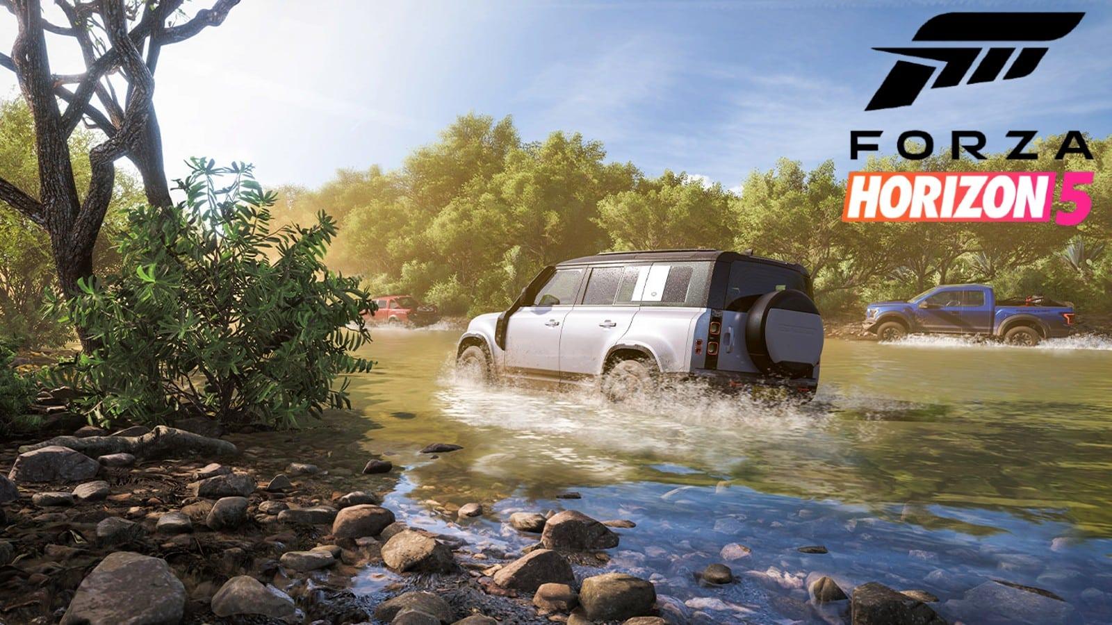 Forza Horizon 5 logo against screenshot of swampy lands