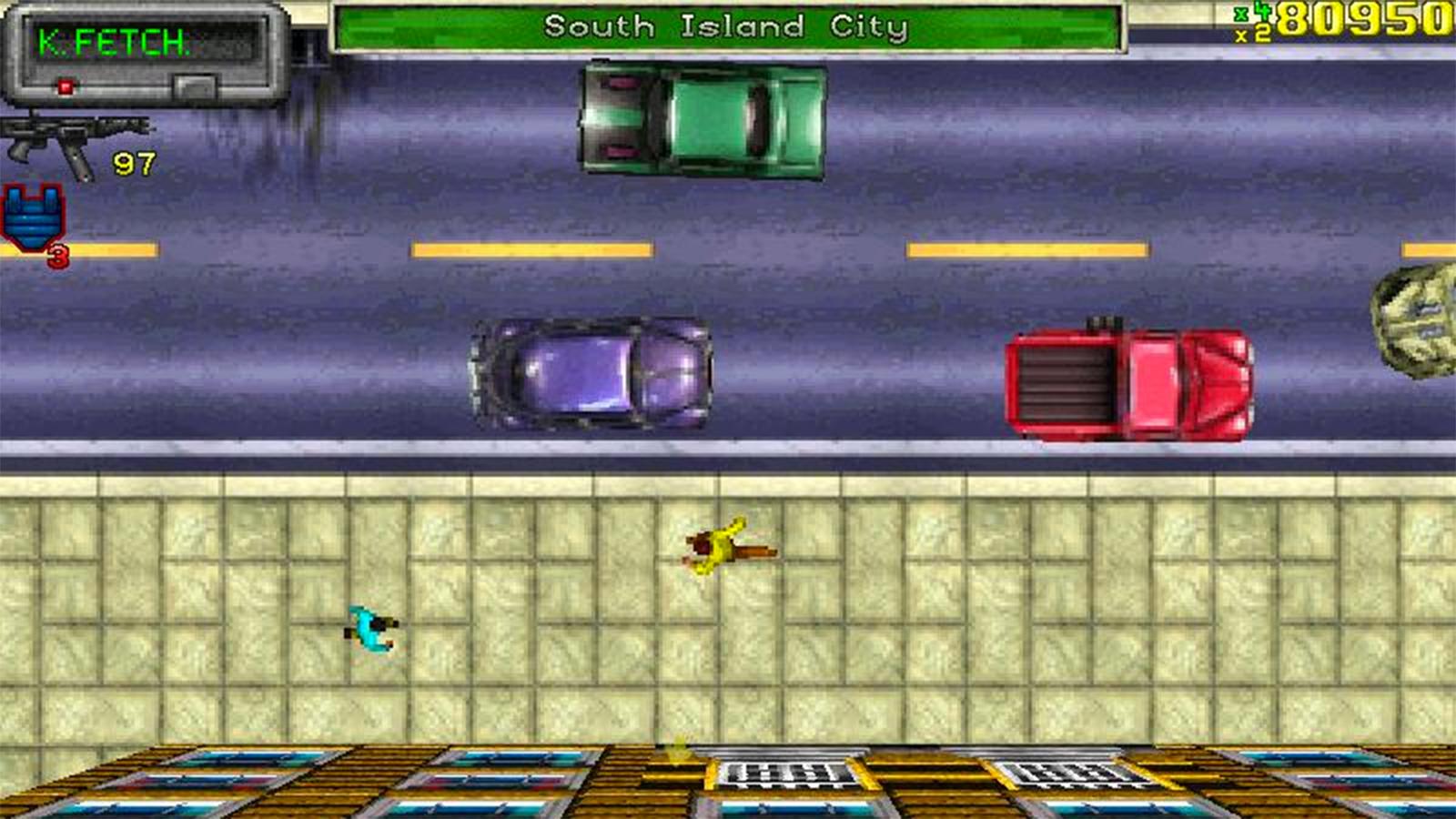 Cars driving across the road in the original 1997 Grand Theft Auto game