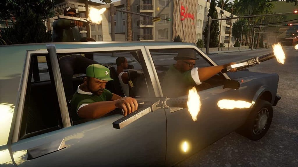 GTA San Andreas screenshot showing Grove Street shooting out of a car