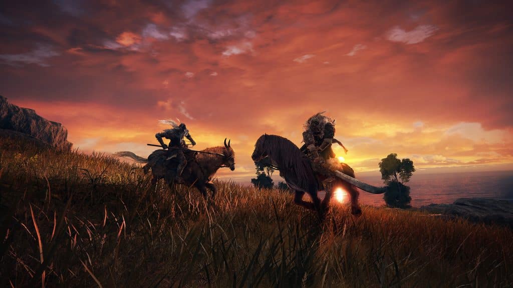 Elden Ring screenshot showing a battle on horseback