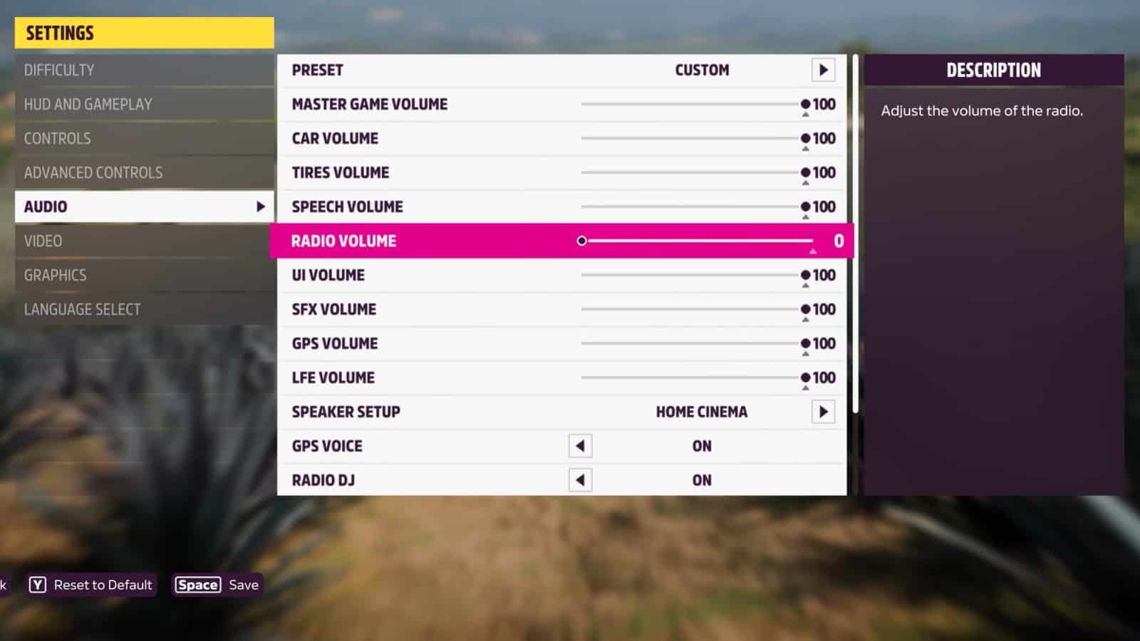 Forza Horizon 5's audio settings menu