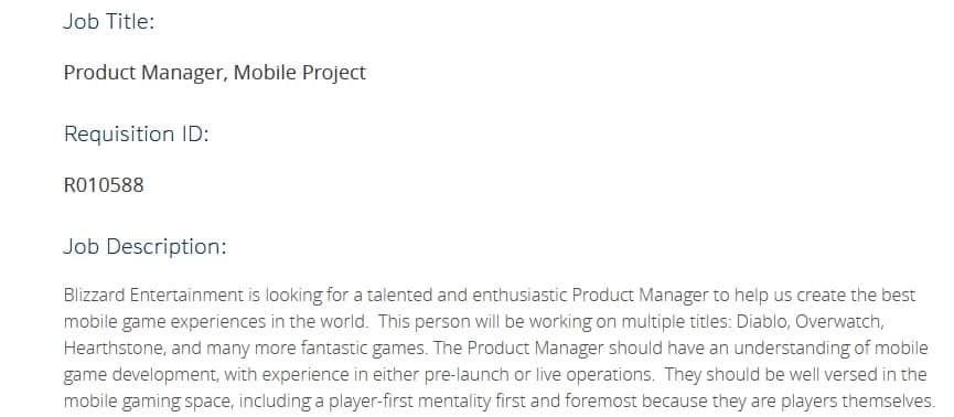 Overwatch mobile game job listing