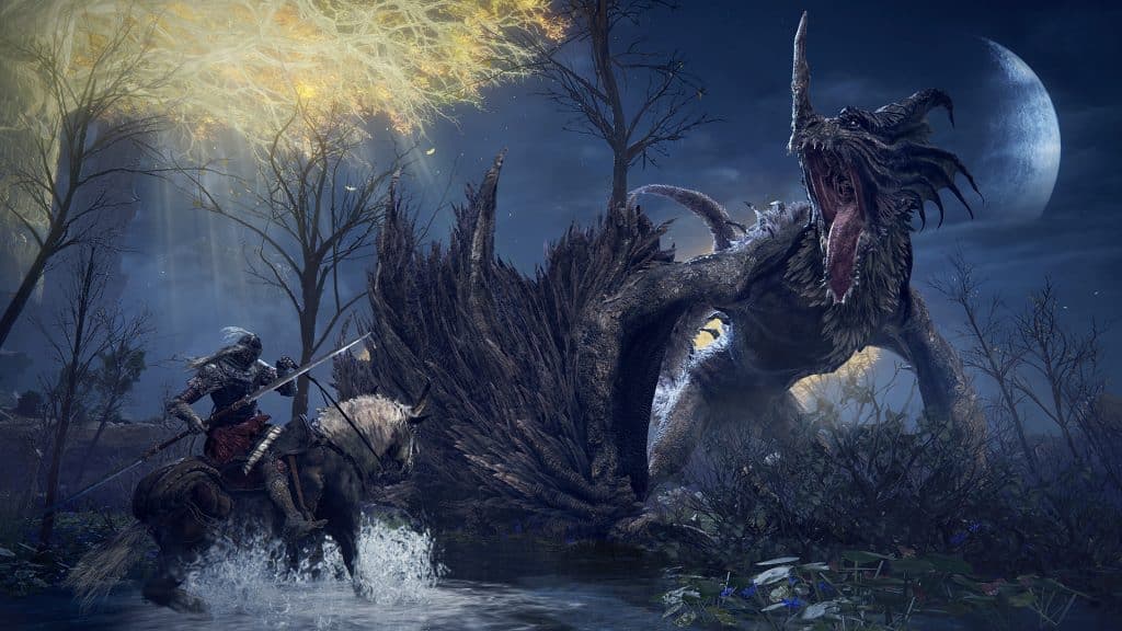 Elden Ring screenshot showing a huge dragon in a swamp