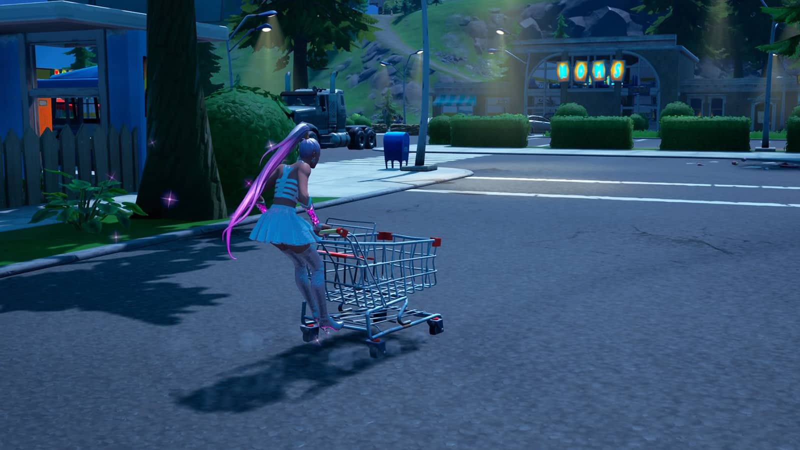 Ariana Grande riding a Shopping Cart through Retail Row in Fortnite