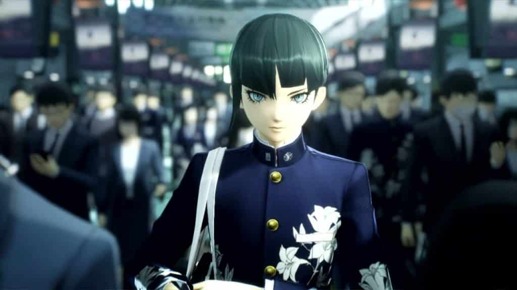 Shin Megami Tensei 5 screenshot showing the protagonist walking through a busy area