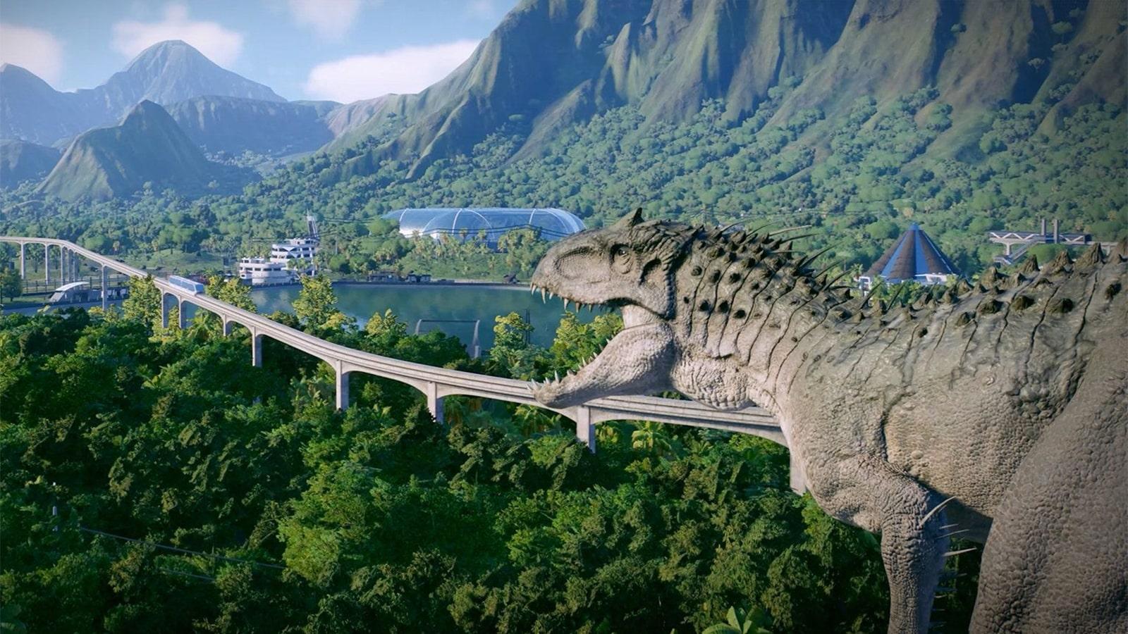 A dinosaur overlooking the park in Jurassic World Evolution 2