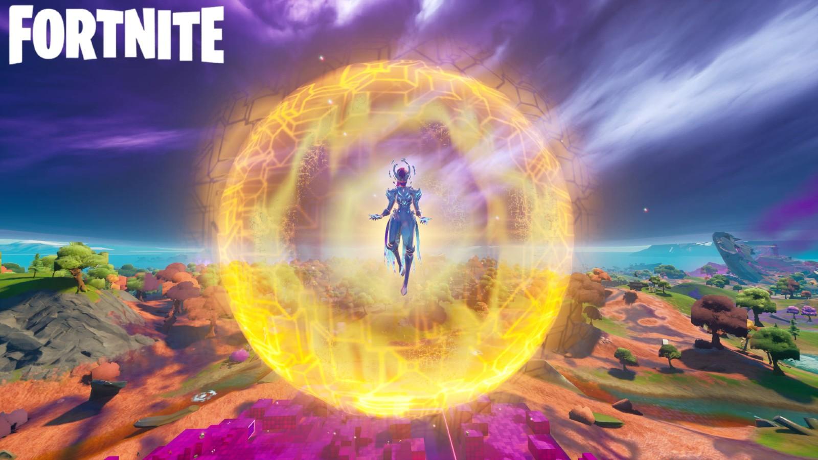 The Cube Queen in Fortnite floats above the island surrounded by a ball of energy