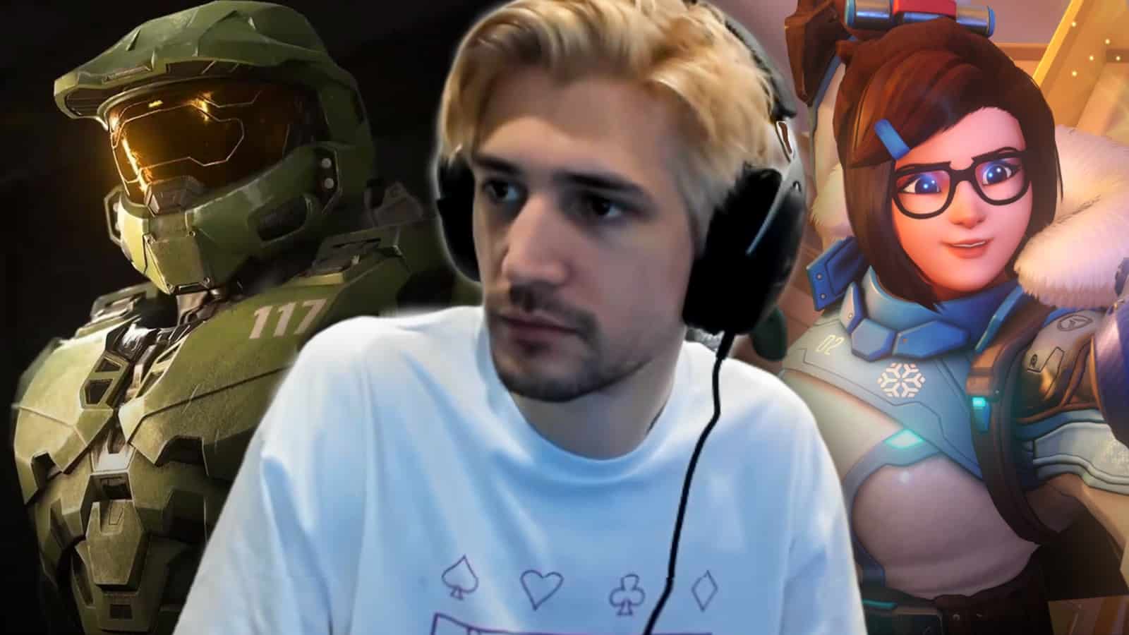 xQc next to Master Chief from Halo and Overwatch's Mei.