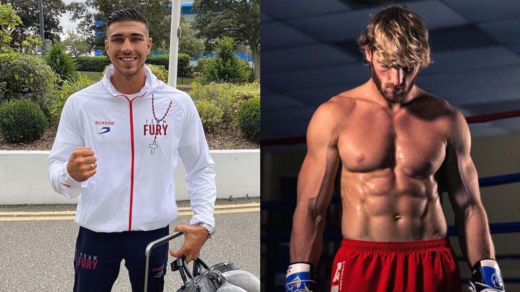 Tommy Fury clenching fist next to Logan Paul in boxing gear
