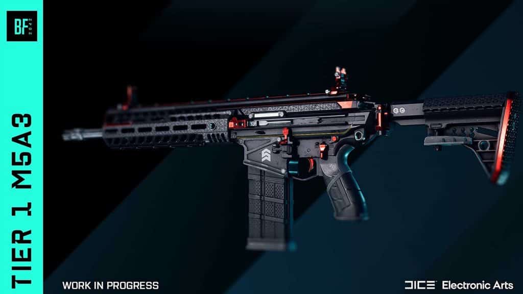 A screenshot of a weapon with cosmetics in Battlefield 2042.