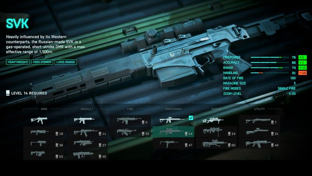 A screenshot of the SVK from Battlefield 2042.