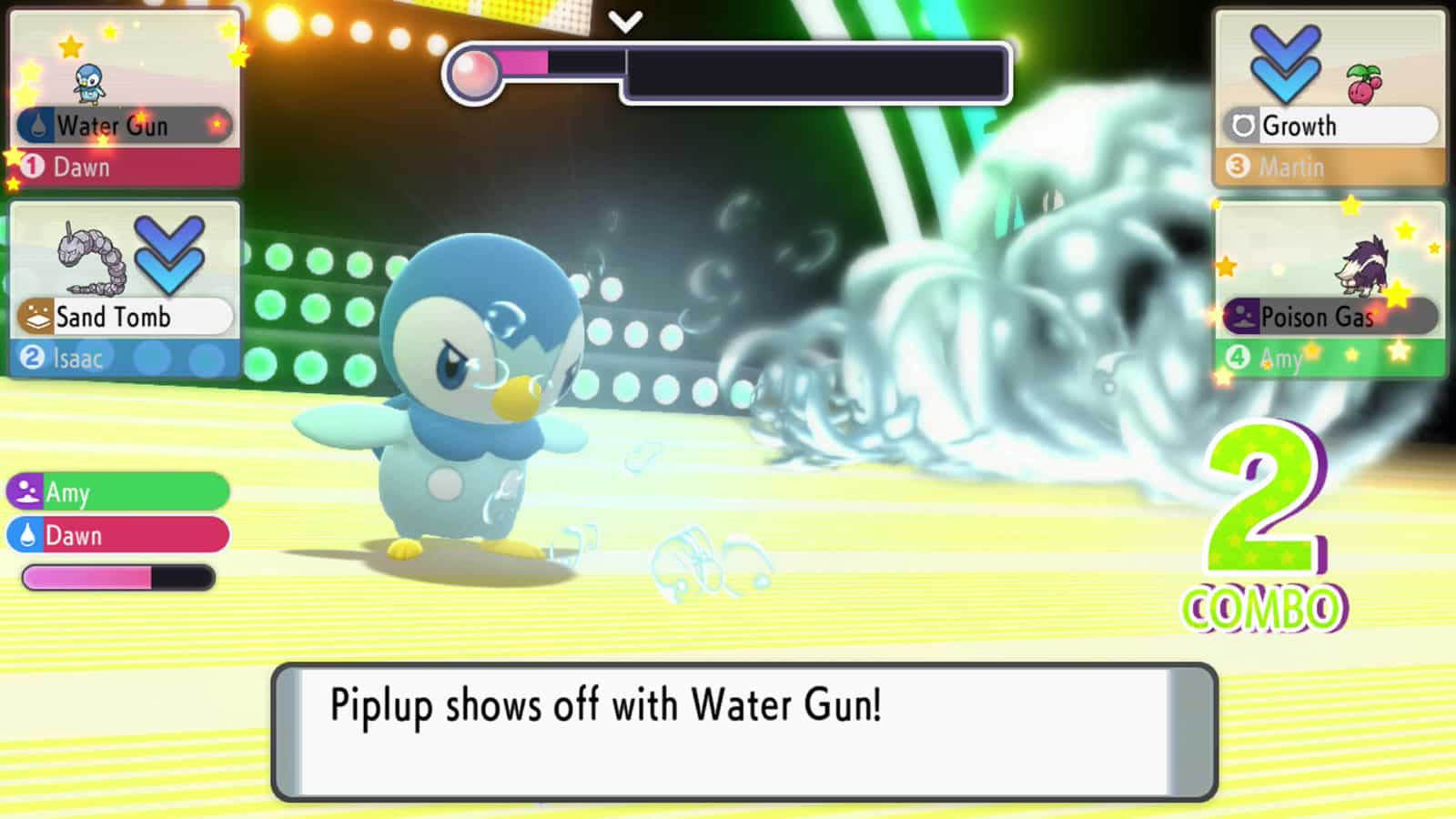 Piplup using a Contest Move in a Super Contest in Pokemon Brilliant Diamond and Shining Pearl