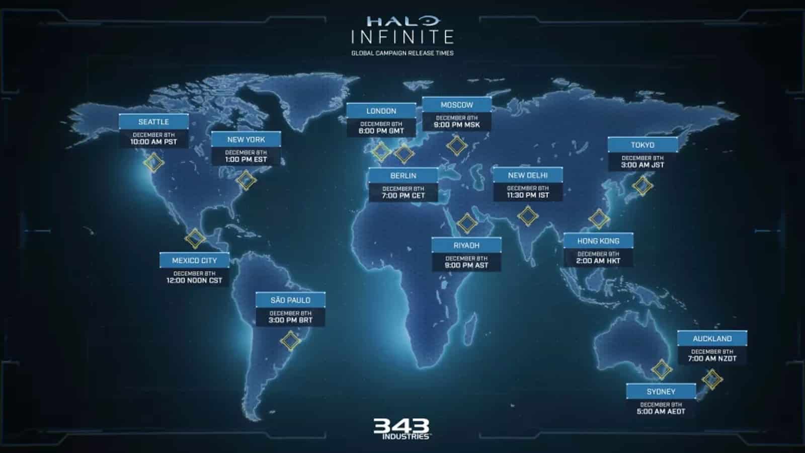 Map of the different times that Halo Infinite unlocks around the world