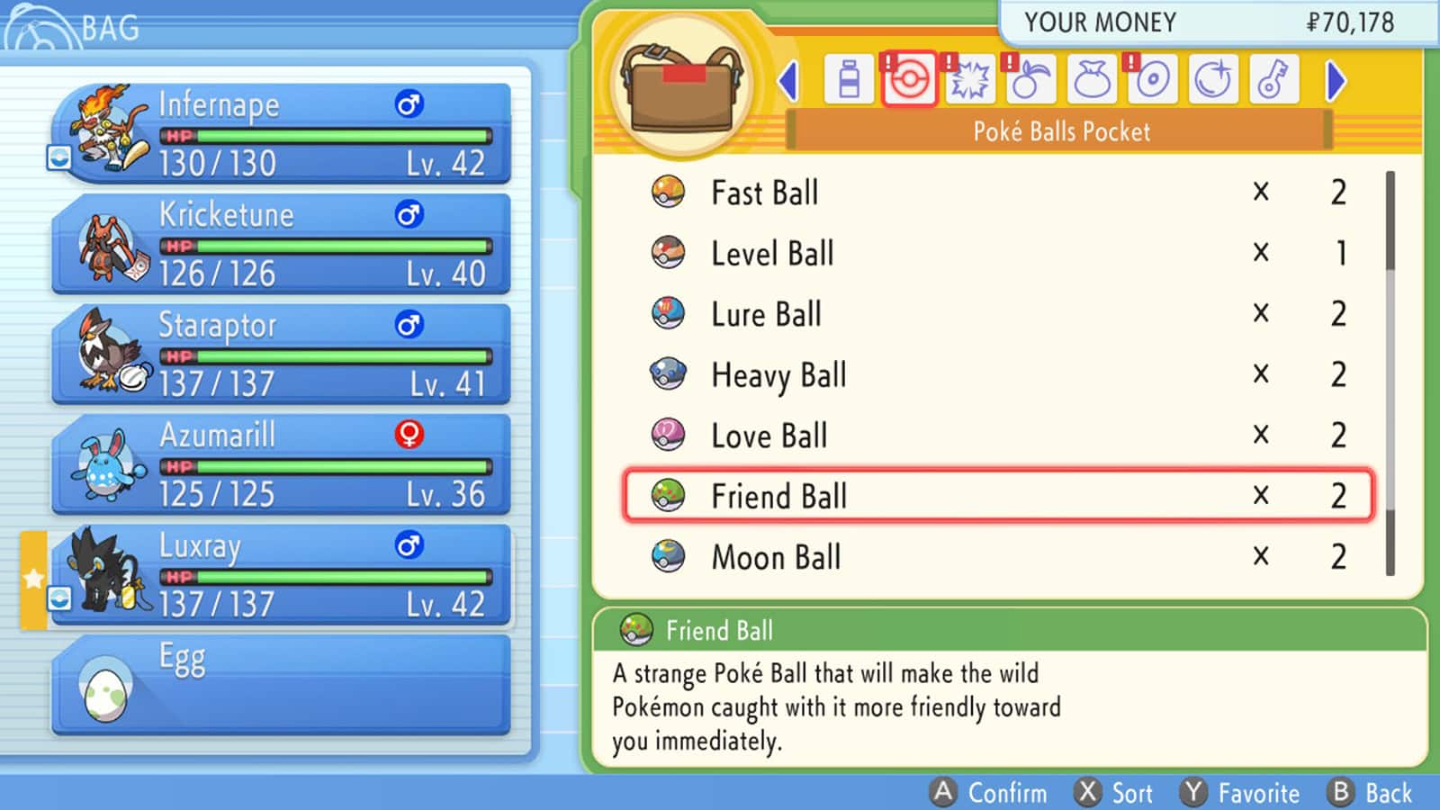 A Friend Ball in the Pokemon Brilliant Diamond and Shining Pearl menu