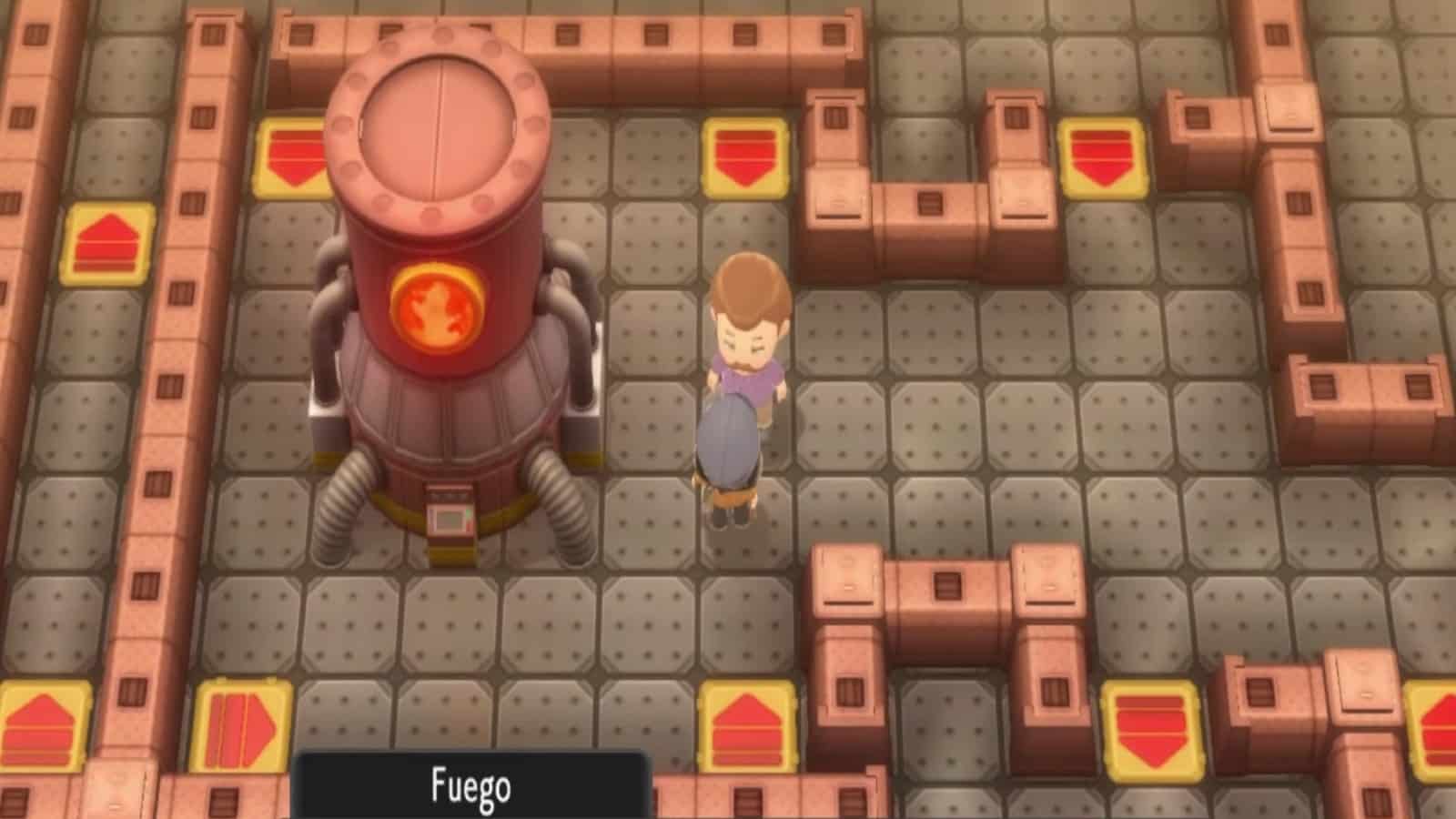 Trainer picking up a fire stone from Fuego in the Ironworks of Pokemon Brilliant Diamond & Shining Pearl