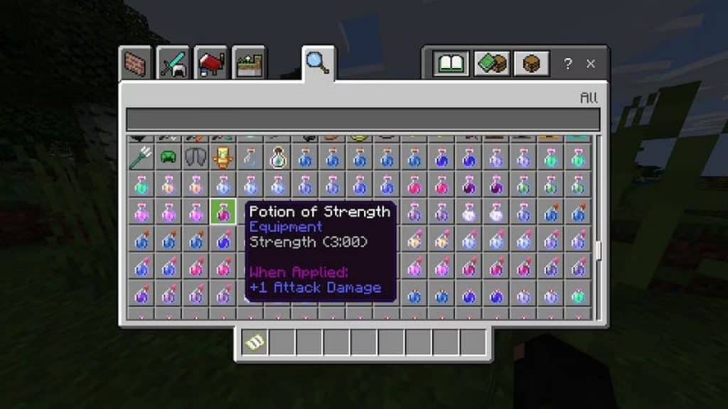A selection of potions in Minecraft