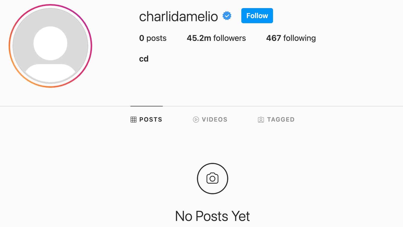 Charli D'Amelio's blank Instagram page