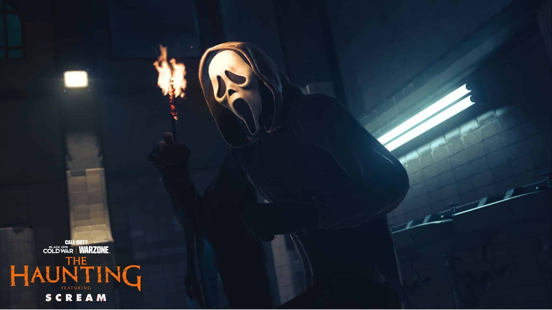 ghost face holding a flaming knife in warzone