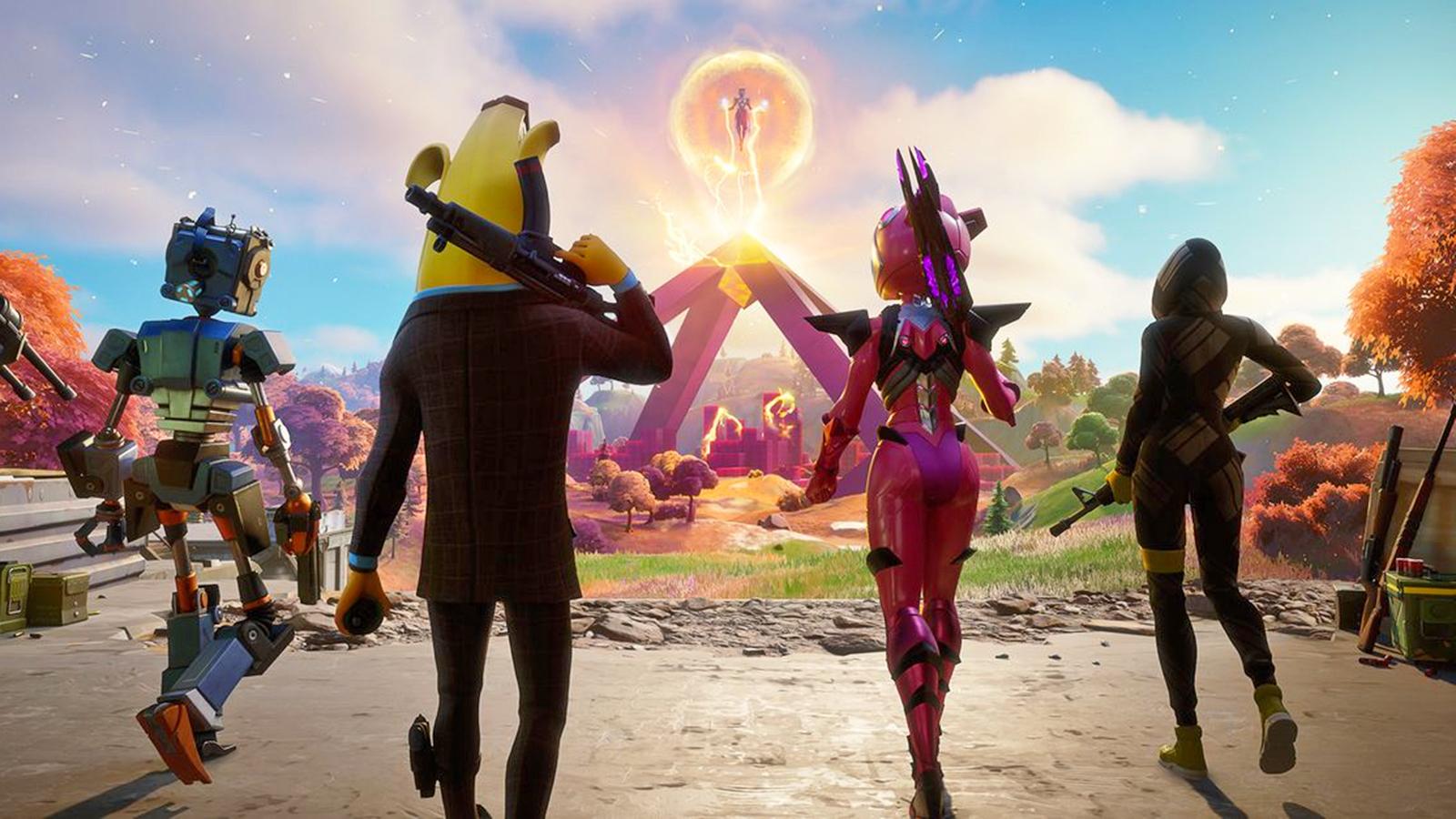 Players walking towards the Cube Queen in Fortnite as the Chapter 3 trailer leaks